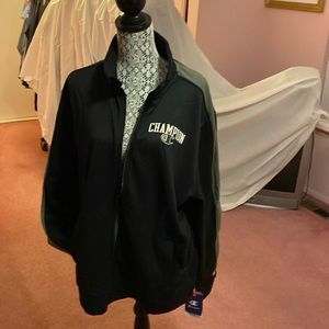 Men’s Champion black fleece full zip size XL taupe stripe down the sleeves wicks
